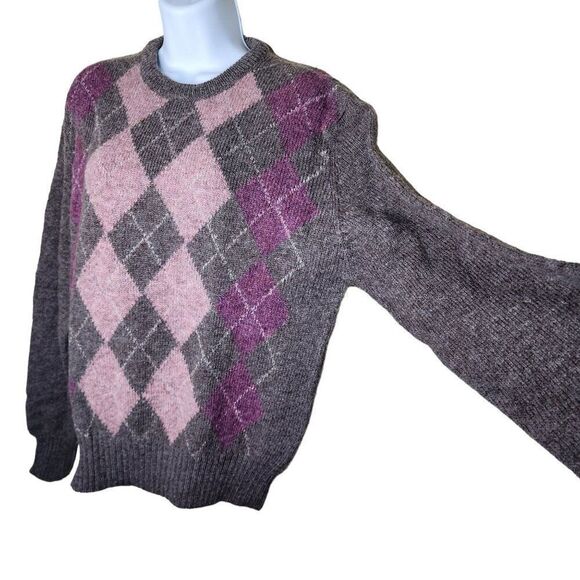 Vintage Argyle Crewneck Sweater Womens Size 2XL Gray Wool Purple Preppy School - Picture 2 of 5
